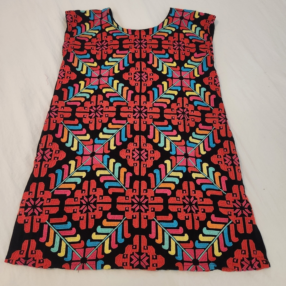 J.Marie Embroidered Shift Dress Vacation Resortwear Bright Mexico Geometric Sz S - Picture 12 of 12